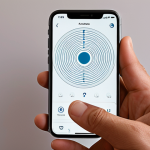 **Haptic Meditation App:** A sleek, minimalist app interface displayed on a smartphone, featuring gentle, pulsating light patterns. Subtle haptic vibrations emanate from the phone, synchronizing with a calming breath animation. Close-up of a relaxed hand gently holding the phone, suggesting tranquility and stress relief.