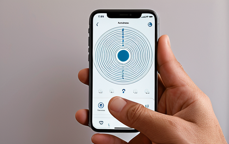 **Haptic Meditation App:** A sleek, minimalist app interface displayed on a smartphone, featuring gentle, pulsating light patterns. Subtle haptic vibrations emanate from the phone, synchronizing with a calming breath animation. Close-up of a relaxed hand gently holding the phone, suggesting tranquility and stress relief.